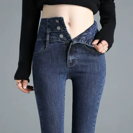高腰女士牛仔裤女紧身加绒显瘦小脚裤女新款2023年秋冬铅笔配靴子图片