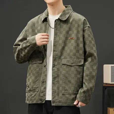 男款英伦痞帅格子翻领衬衣外套秋季军绿色长袖衬衫春秋款纯棉上衣图片