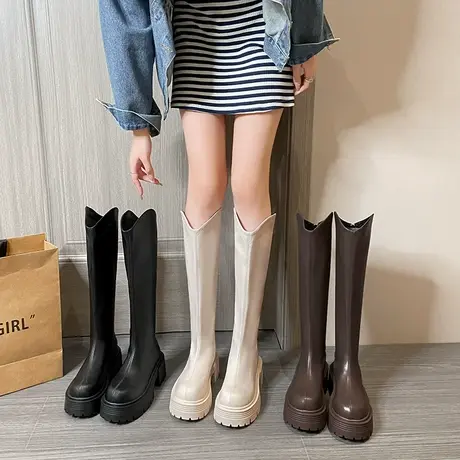 复古厚底长筒靴女2023新款百搭粗跟显瘦v口网红春秋小个子骑士靴商品大图
