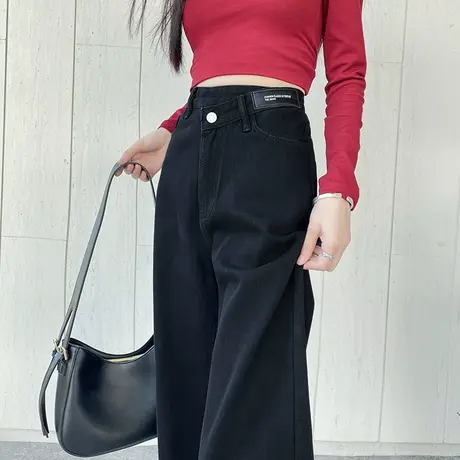 黑色阔腿牛仔裤女2025春秋新款百搭高腰直筒宽松显瘦垂感拖地裤子商品大图