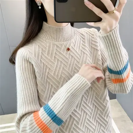 洋气绞花半高领毛衣女内搭加厚2022年新款外穿慵懒风打底衫女秋冬图片