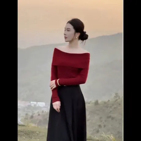 一字肩针织衫女早秋季穿搭韩系氛围高级感慵懒风修身辣妹露肩上衣商品大图