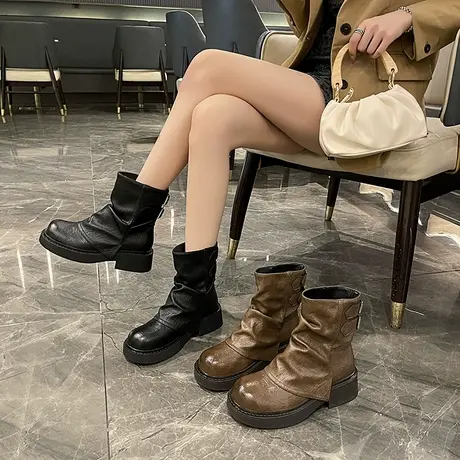 英伦风粗跟短靴女2025年秋季新款百搭气质马丁靴高级感洋气裤管靴商品大图