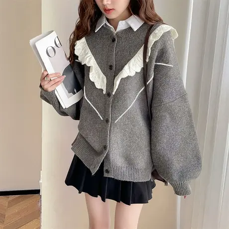 唐狮秋冬季女毛衣甜美风氛围感撞色边设计宽松开衫外套毛线衫tu图片