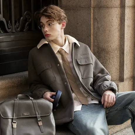 唐狮秋冬季外套男翻领工装口袋加厚休闲风拼接仿羊羔领外套潮TUTA图片