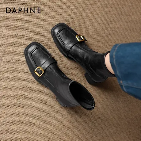 达芙妮方头黑色瘦瘦小短靴2026新款秋冬季女款女士皮靴子马丁女靴商品大图