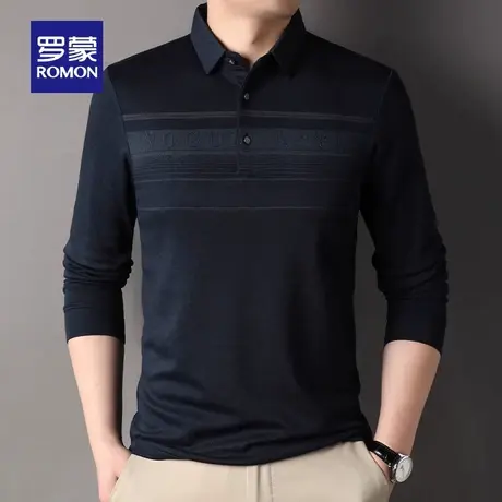罗蒙男士商务长袖POLO衫2023秋季新款中老年爸爸装印花翻领T恤衫图片