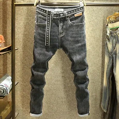 秋季高端水洗牛仔裤男韩版修身小脚裤休闲百搭弹力黑灰牛仔长裤子商品大图