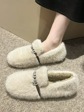 高级感时尚字母水钻仙女毛毛鞋女2023年秋冬新款外穿舒适百搭棉鞋商品大图