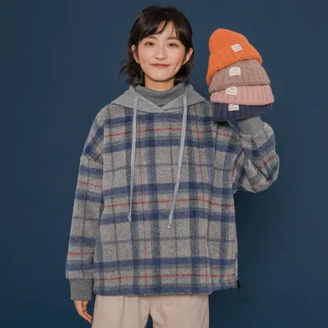 尔给宽松连帽chic格子休闲工装深秋外套女加厚冬2018新款秋冬港风图片