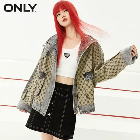 【买5免1】ONLY奥莱秋季新款短款满幅字母满印高领直筒风衣外套女商品大图