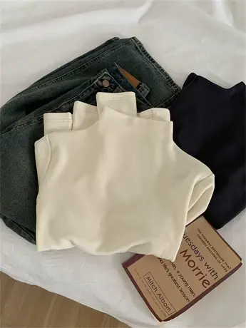 气质中高领加绒打底衫女简约百搭正肩长袖T恤秋冬季内搭套头上衣商品大图