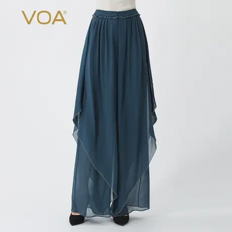 VOA深蓝双层乔其桑蚕丝对丝木耳花边自然腰夏季清爽真丝宽腿纱裤图片