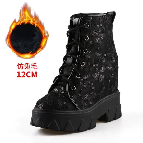 高帕妃秋冬厚底短靴子加绒棉鞋坡跟旅游高帮鞋休闲内增高女鞋12cm商品大图