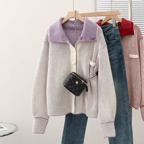 23081韩版女开衫毛衣外套单排扣宽松常规针织衫百搭条纹慵懒风图片