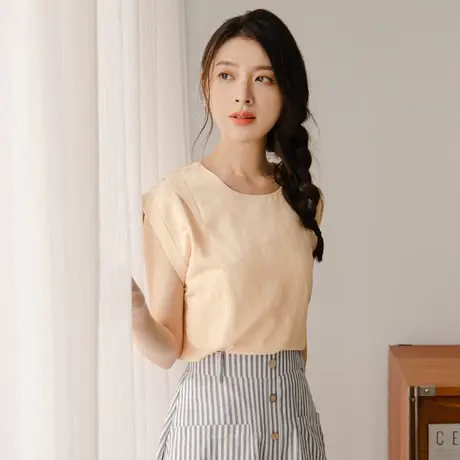 桔熊夏季通勤简约圆领落肩打褶包袖舒适纯色上衣女装大码AB18377商品大图