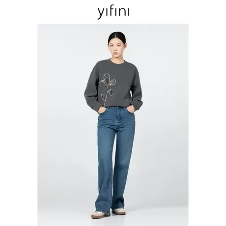 Yifini/易菲加绒保暖牛仔裤女冬季新款休闲通勤百搭直筒长裤商品大图