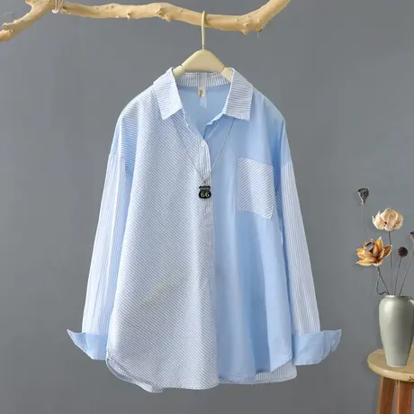 春装2024年新款小众条纹拼接长袖衬衫女宽松韩版打底衬衣女装上衣商品大图