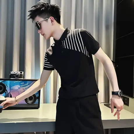 夏季短袖Polo衫男痞帅拼接t恤2023新款时尚潮流半截袖ins潮牌半袖商品大图