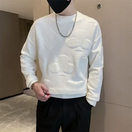 潮牌立体提花毛衣男2023秋冬新款纯色休闲套头加厚毛线针织打底衫商品大图