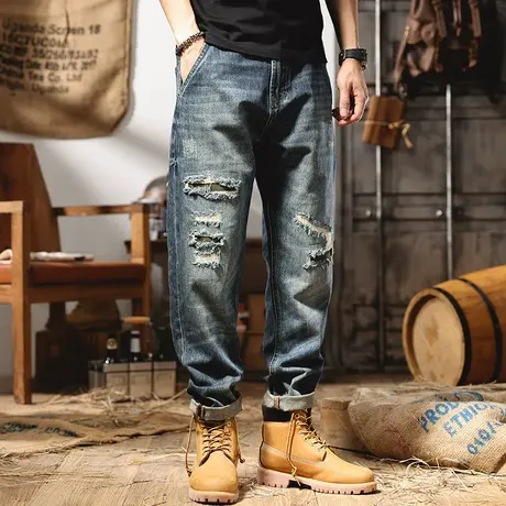 美式复古水洗破洞牛仔裤男宽松直筒2022春夏新款阔腿微锥工装裤子商品大图