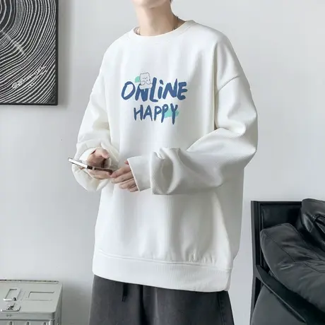 长袖t恤男装2023新款休闲宽松华夫格卫衣男春秋款潮牌圆领上衣服商品大图