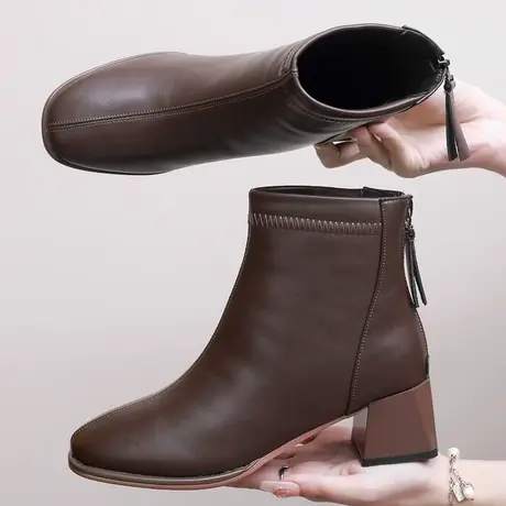 皮靴矮女2023新款时尚中跟小羊皮大码女短靴40一43显脚小短腰靴子商品大图