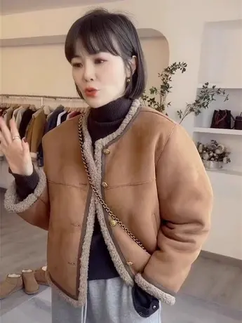 2023秋冬季新款羊羔毛外套女皮毛一体短款韩版宽松加绒小个子上衣商品大图
