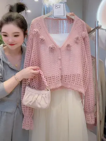 温柔软糯长袖防晒针织开衫2023夏季新仙女立体花朵两件套镂空上衣图片
