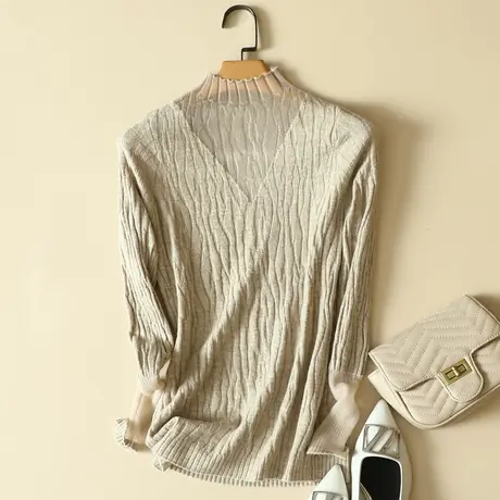 蕾丝半高领镂空针织衫2024春装新款韩版套头毛衣女修身打底衫上衣商品大图