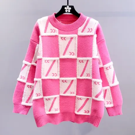 撞色棋盘格毛衣女秋冬2023新款宽松慵懒风加厚洋气减龄针织衫上衣图片
