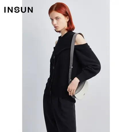 INSUN恩裳秋季露肩黑色羊毛针织衫商品大图