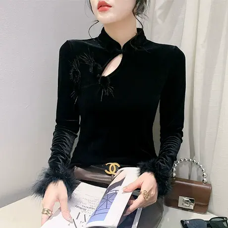 复古国风立领镂空T恤女长袖时尚丝绒加厚黑色上衣洋气修身打底衫商品大图