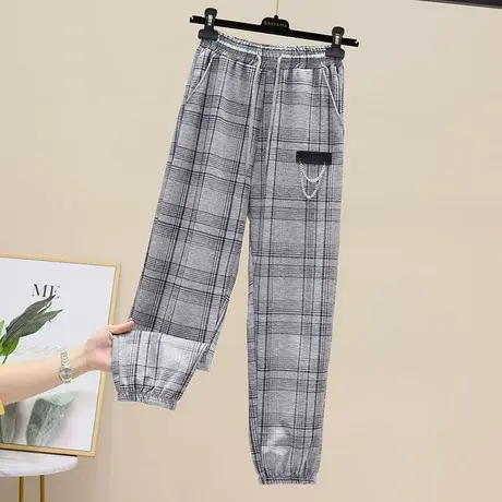 灰色格子宽松卫裤女2023春季新款休闲裤松紧腰显瘦运动休闲束脚裤商品大图