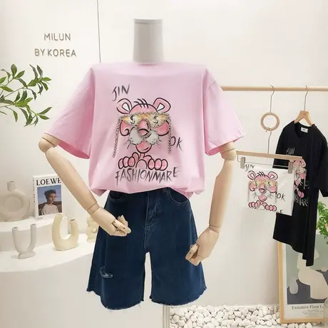 2022春夏款韩国东大门重工水钻个性洋气减龄短袖欧货时髦T恤大码商品大图