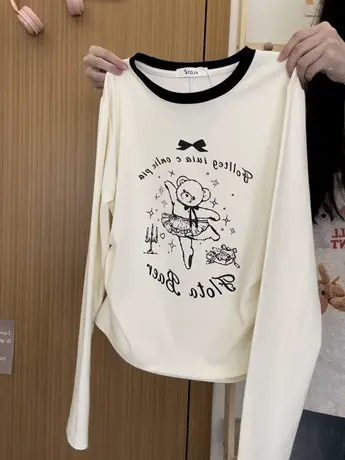 红续卡通芭蕾小熊拼色长袖T恤女日系甜美风显瘦内搭上衣秋冬新款图片