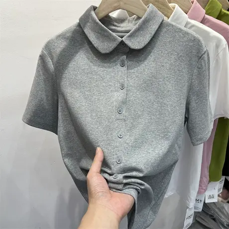 设计感娃娃领翻领纽扣短袖T恤女2023夏新款洋气减龄体恤小衫上衣商品大图