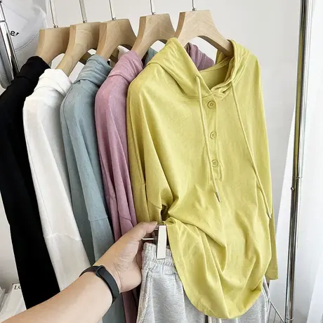 冰爽棉长袖t恤女夏季薄款空调衫宽松休闲套头早秋上衣连帽防晒衣商品大图