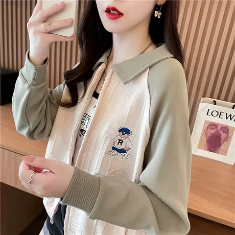 早秋娃娃领卫衣女2023新款春秋季韩版宽松薄款小个子短款撞色外套商品大图