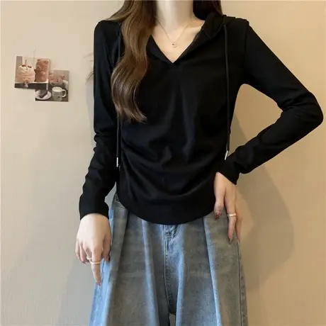 秋冬内搭德绒连帽长袖T恤女洋气减龄打底衫加绒加厚修身褶皱上衣商品大图