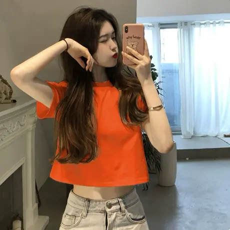 2024夏季新款别致设计感小众短款辣妹上衣正肩短袖t恤女半袖体恤图片