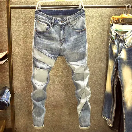 浅色牛仔裤男士修身潮流百搭小脚裤潮牌原创设计撞色多口袋弹力裤商品大图