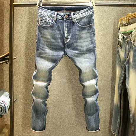 赤耳丹宁牛仔裤男修身小直筒高端水洗裤子复古弹力红边布男士长裤图片