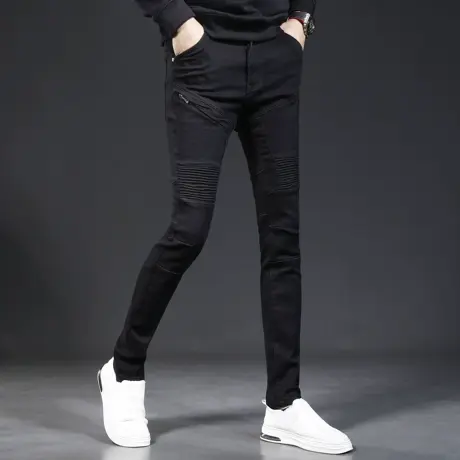 黑色机车牛仔裤男秋季2023新款修身小脚男士高街潮牌潮流弹力裤子商品大图