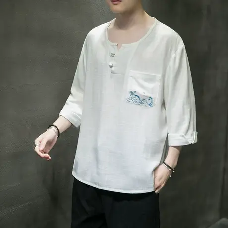 2023夏季男中袖T恤中国风大码宽松青年衣服复古盘扣亚麻男装衣服商品大图