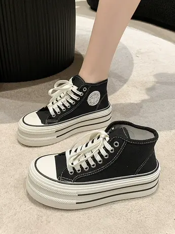 2023网红爆款板鞋女厚底松糕高级感小白鞋百搭学院风高帮帆布鞋子商品大图