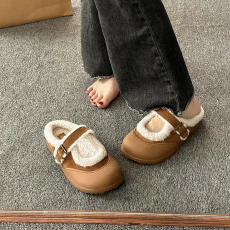 厚底毛绒保暖毛毛半拖鞋女冬外穿2023新款秋冬季包头棉拖鞋勃肯鞋商品大图
