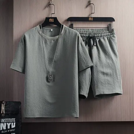 2022新款夏季男装休闲运动套装短袖t恤灰色冰丝超薄男士亚麻衣服商品大图