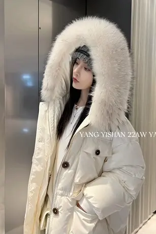 2023冬季韩版宽松貉子大毛领可收腰御寒中长款过膝连帽羽绒服外套图片