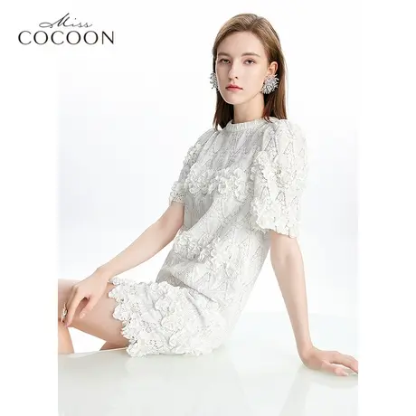 missCOCOON法式白色水溶蕾丝连衣裙女夏2023新款短袖宽松中长裙子图片